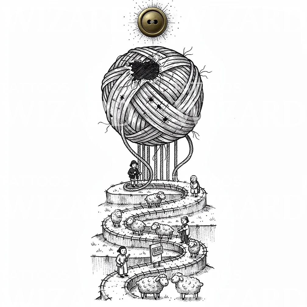 Surreal Yarn Sheep Tattoo Illustration