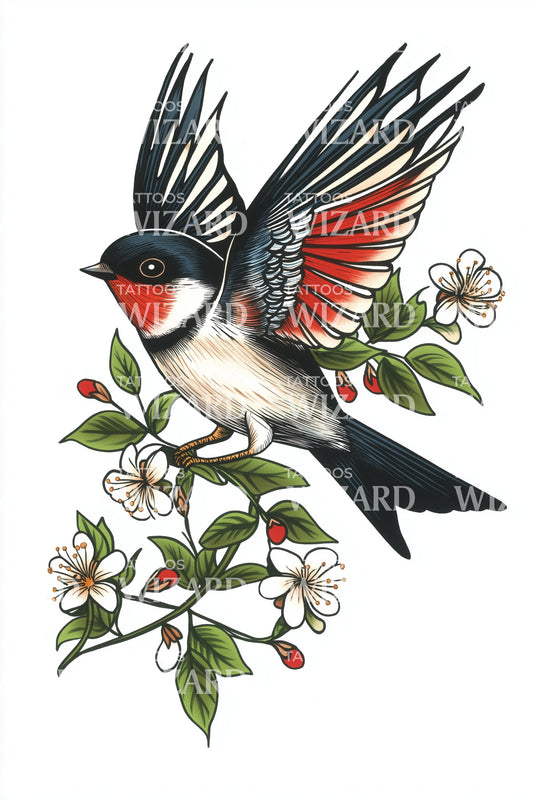 Swallow and Jasmine Blooms Tattoo Illustration