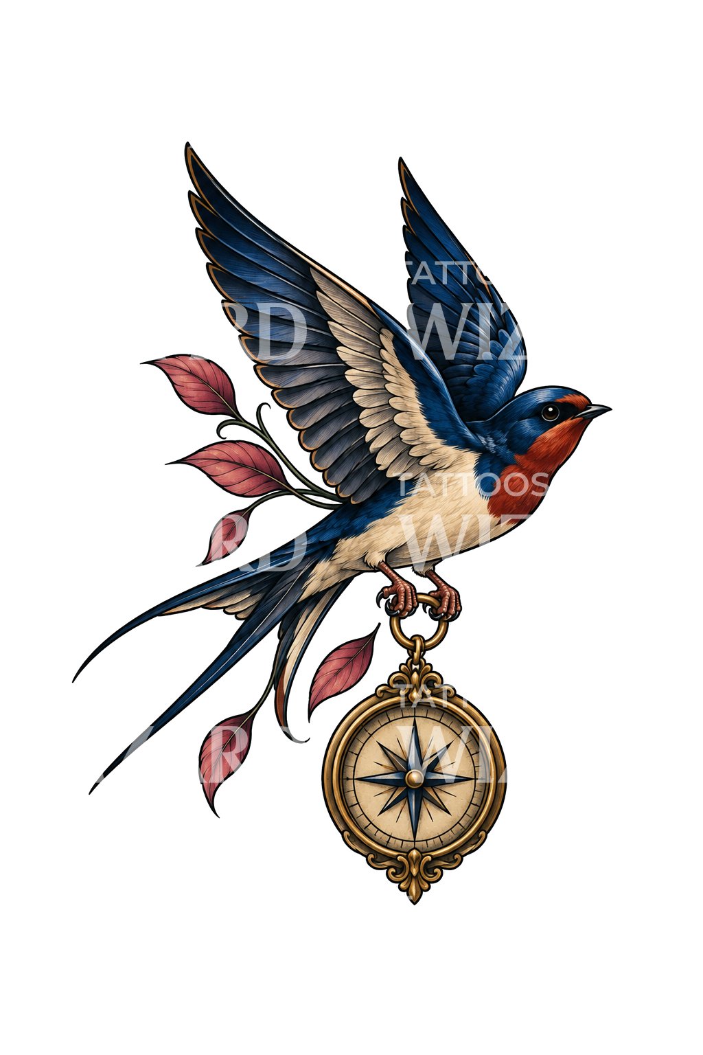 Svala som bär mässingskompass, tatueringsdesign