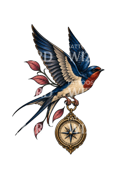 Svala som bär mässingskompass, tatueringsdesign