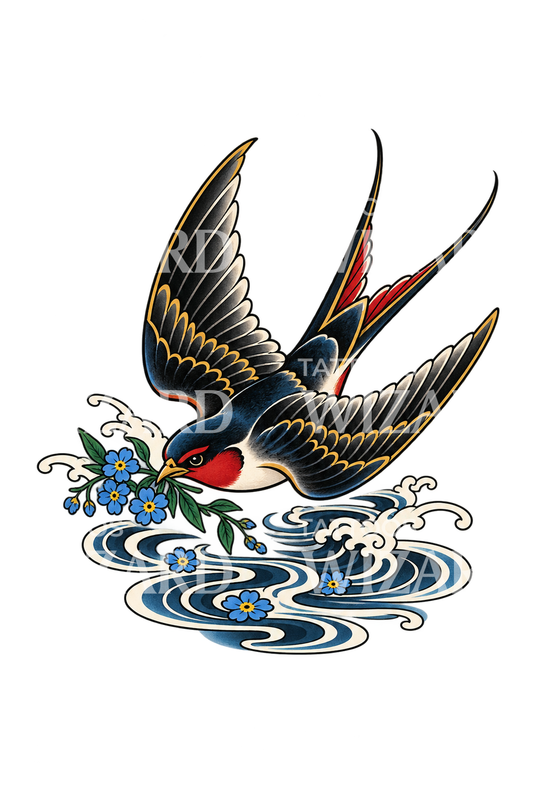 Swallow Carrying Forget Me Nots Tattoo Design