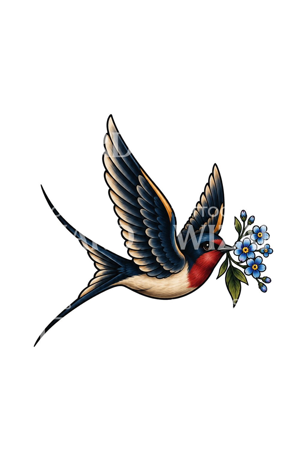 Swallow Carrying Forget Me Nots Tattoo Design