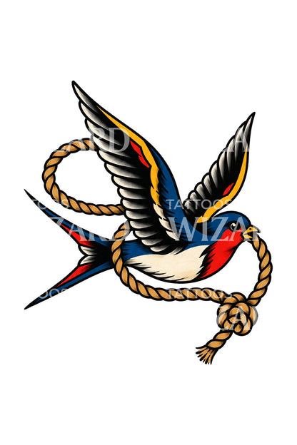 Tattoo-Illustration: Schwalbe mit Seilknoten