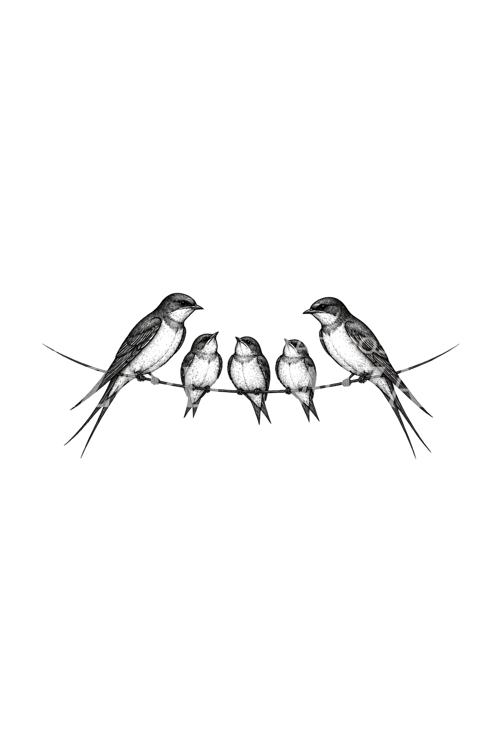Swallow Family on a Wire Fine Line Tattoo