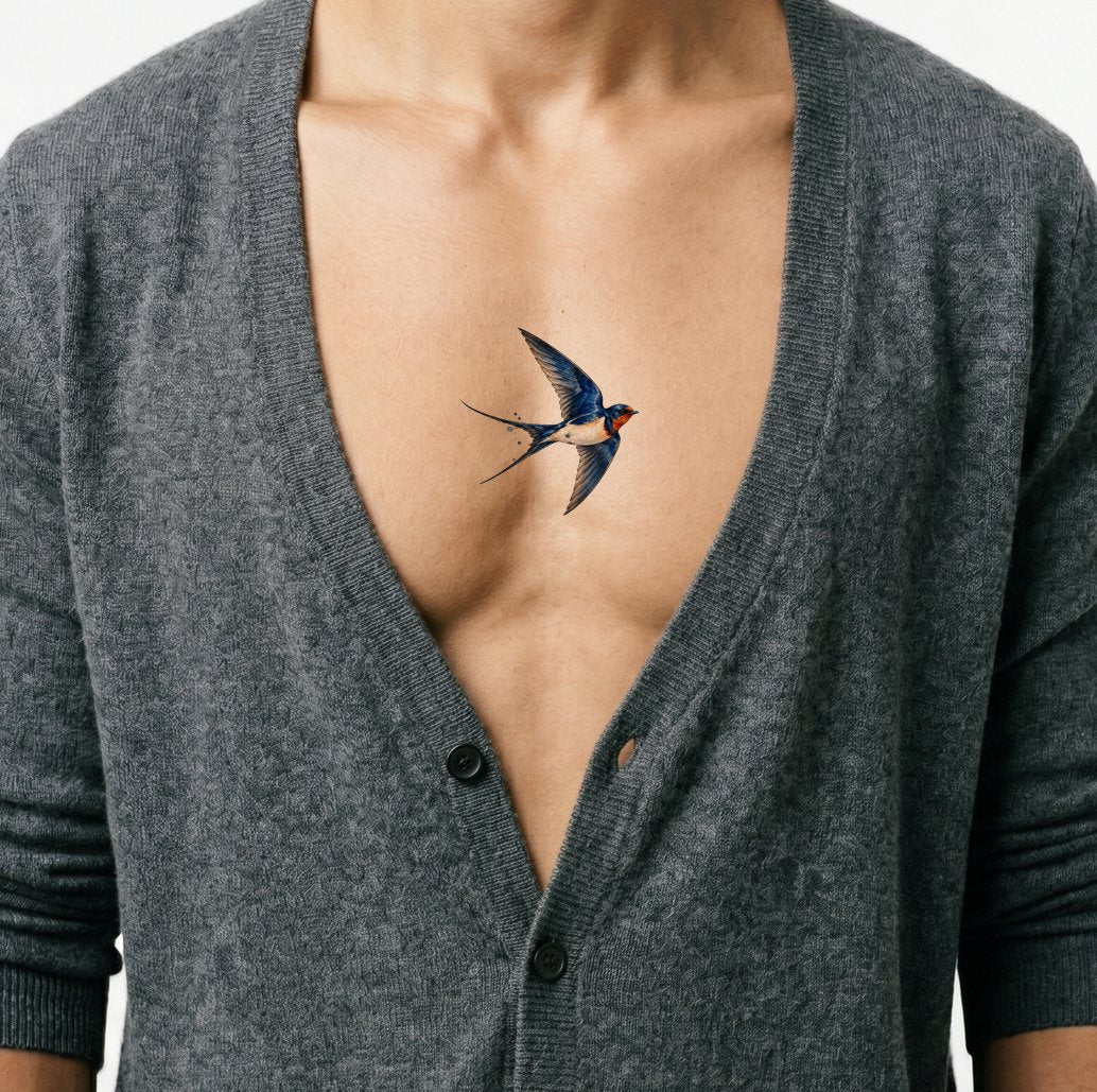 Indigo Watercolor Swallow in Flight Tattoo Idea