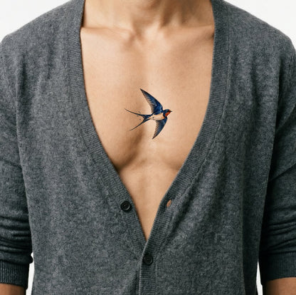 Indigo Watercolor Swallow in Flight Tattoo Idea