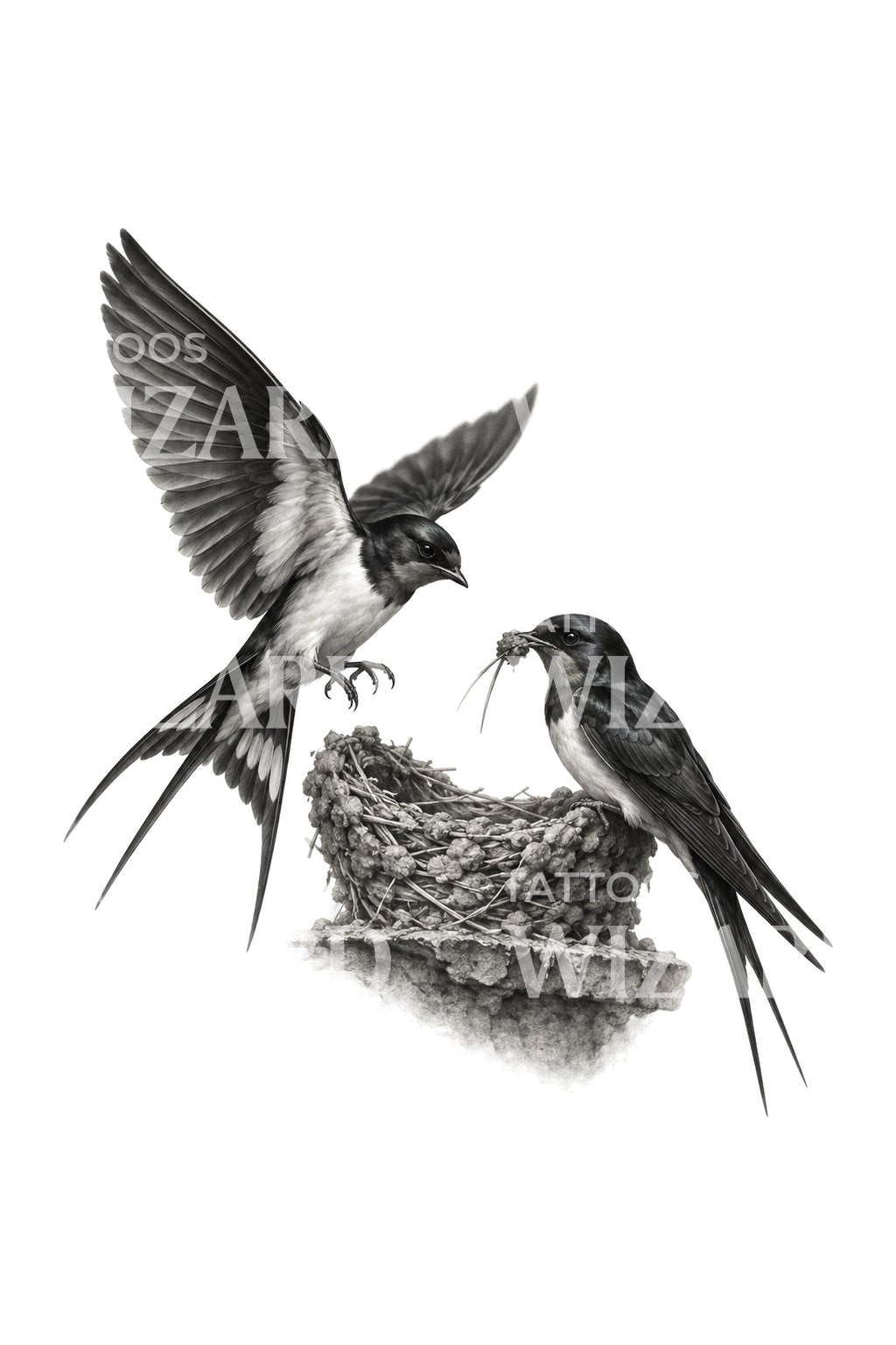 Tattoo-ontwerp van een zwaluwenpaar dat een nest bouwt