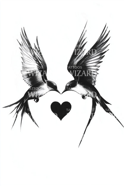 Swallow Pair with Heart Tattoo Illustration