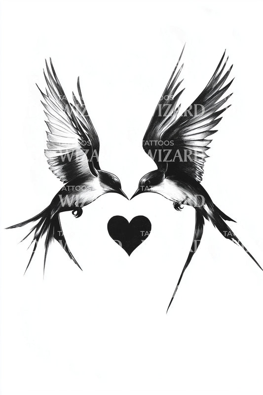 Swallow Pair with Heart Tattoo Illustration
