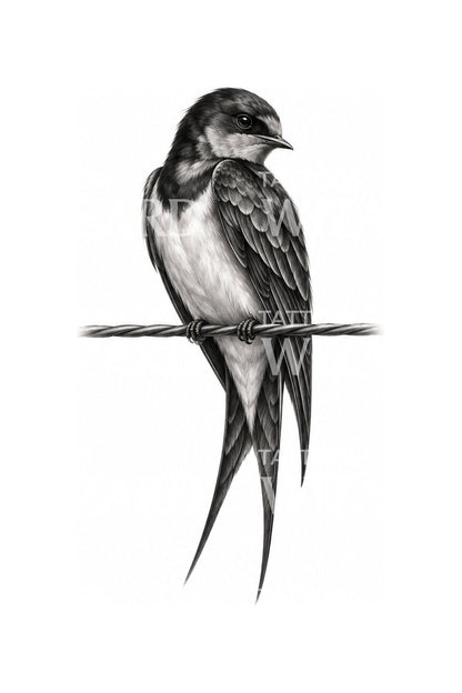 Illustration einer auf einer Leitung ruhenden Schwalbe