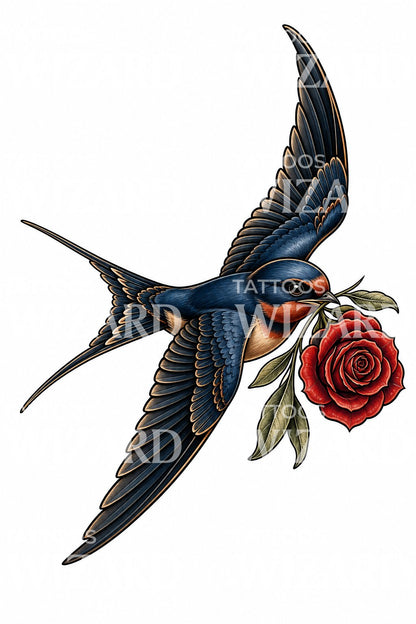 Swallow with Rose Tattoo Design