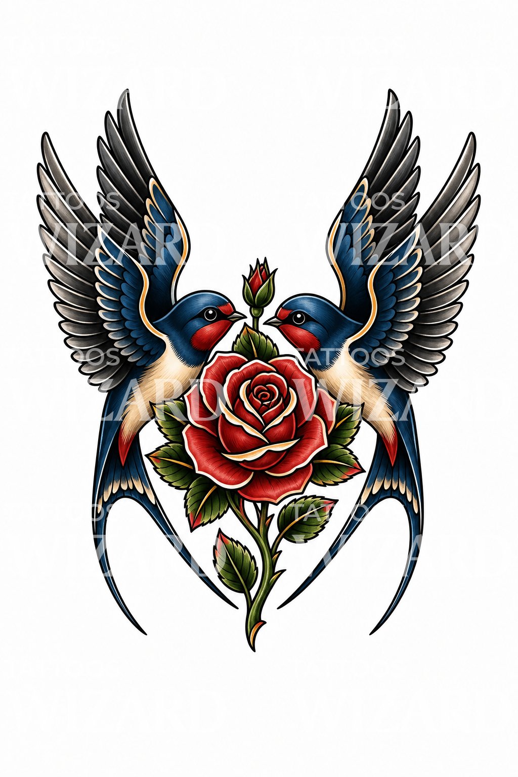 Swallows and Rose Tattoo Design