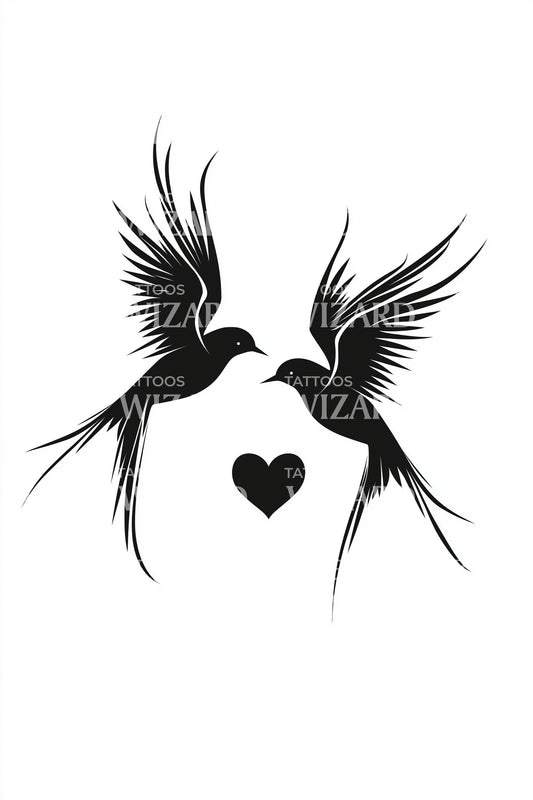 Swallows Black Heart Embrace Tattoo Illustration