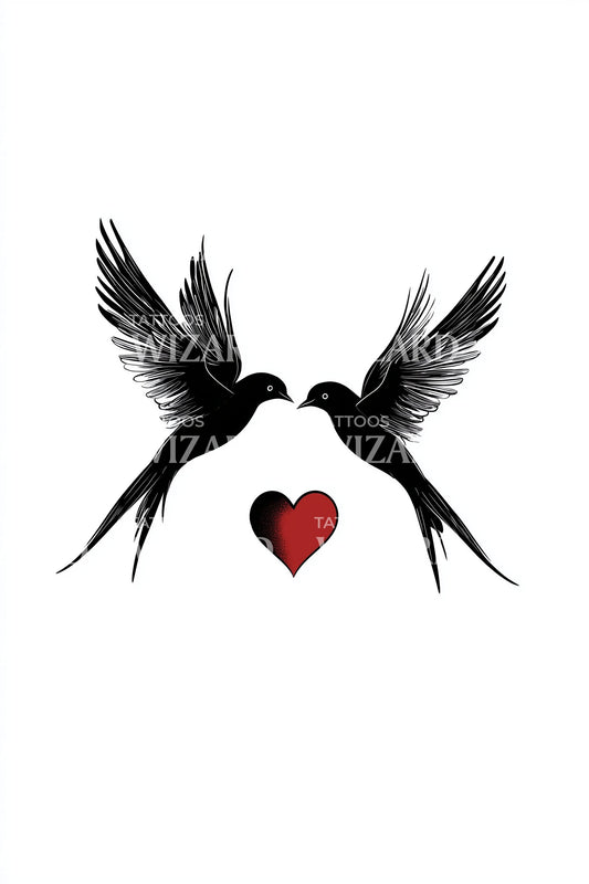Swallows Red Heart Embrace Tattoo Design