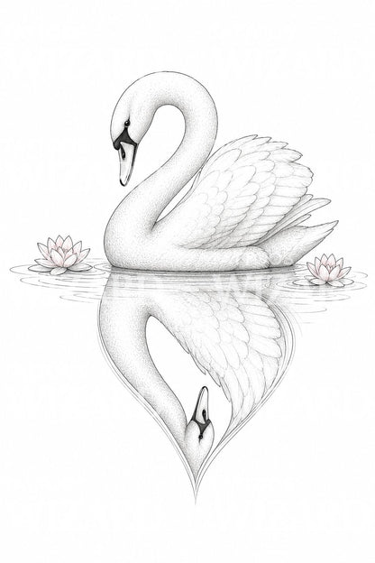 Diseño de tatuaje fine line de reflejo de cisne
