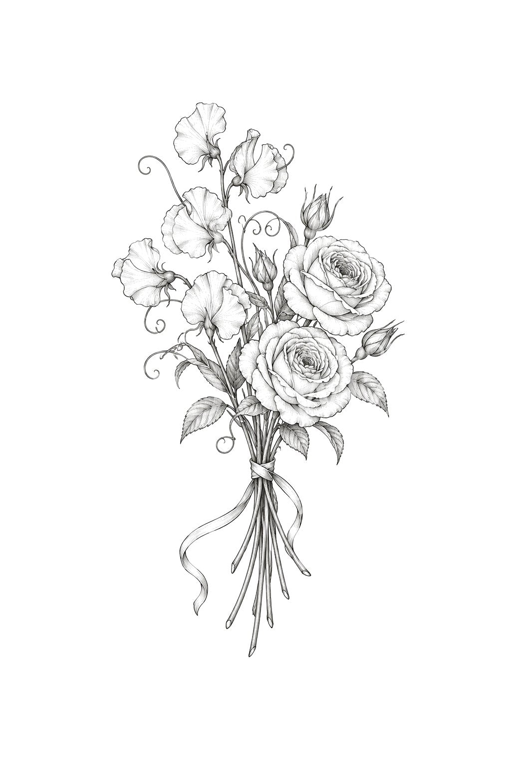 Diseño de tatuaje de ramo de guisantes de olor y rosas