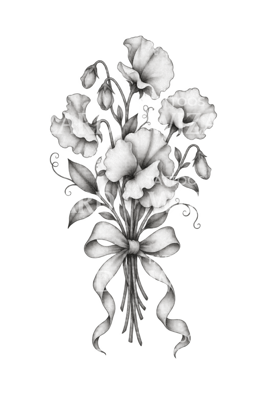 Bukét af ærteblomster med sløjfe i dotwork