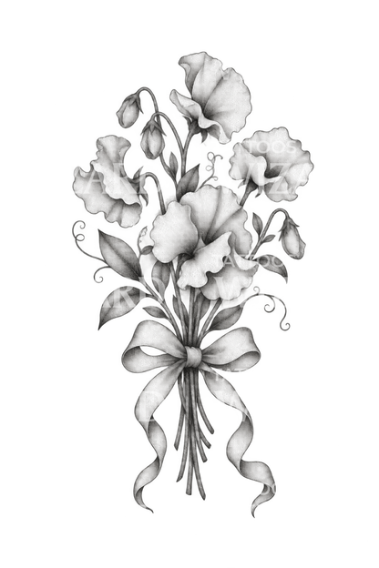 Bukét af ærteblomster med sløjfe i dotwork