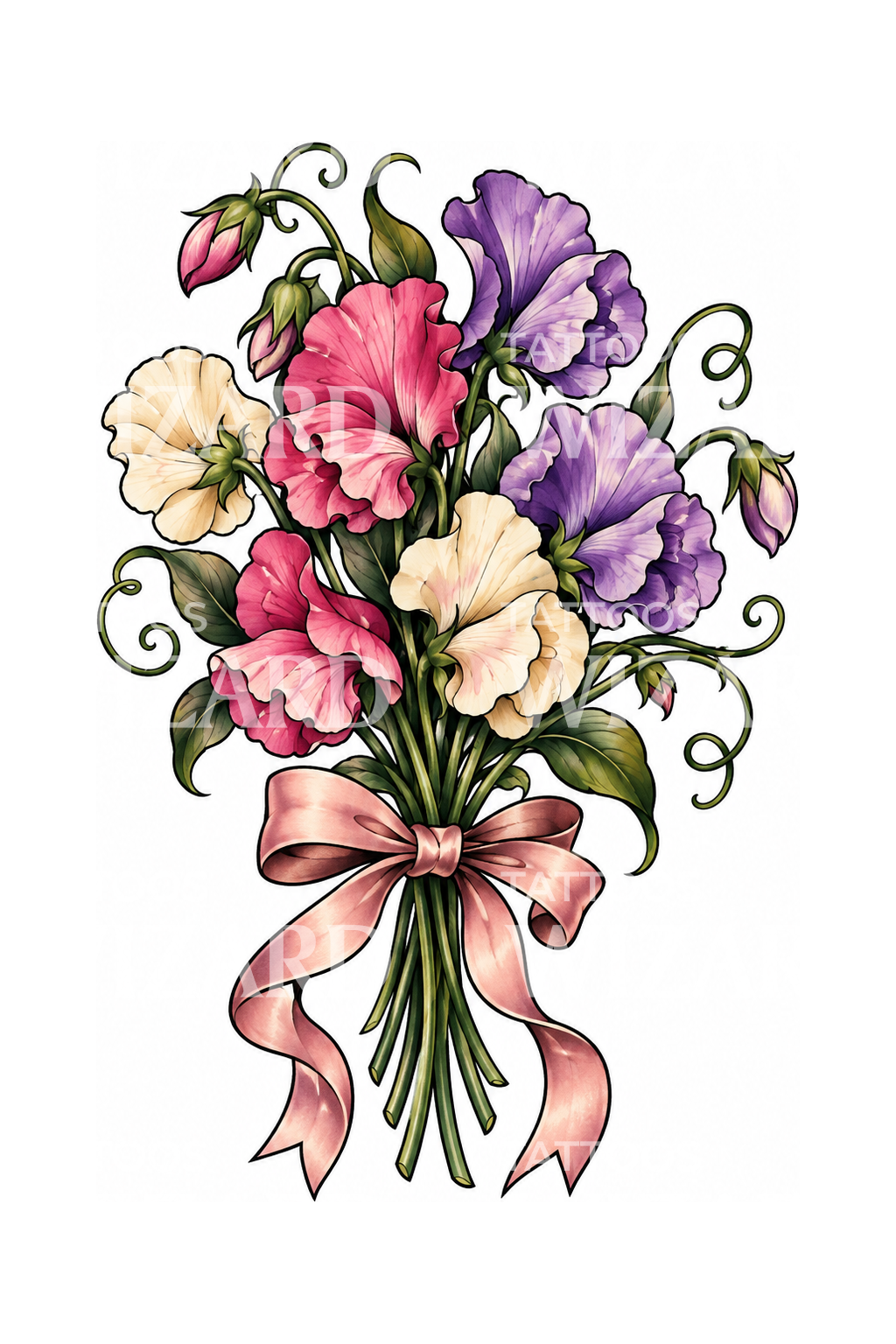 Sweet Pea Bouquet with Ribbon Tattoo Design