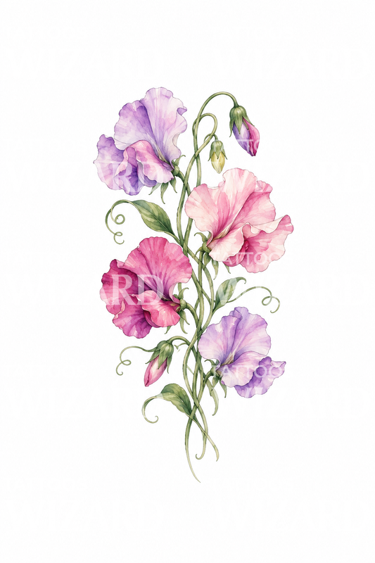 Akvarel tatoveringsdesign med ærteblomst