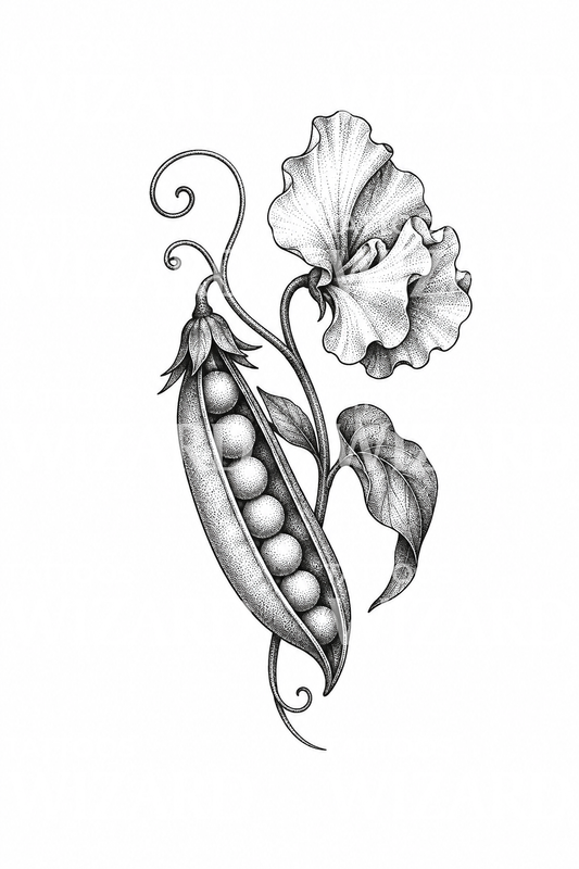 Desain tato stipple polong dan bunga sweet pea