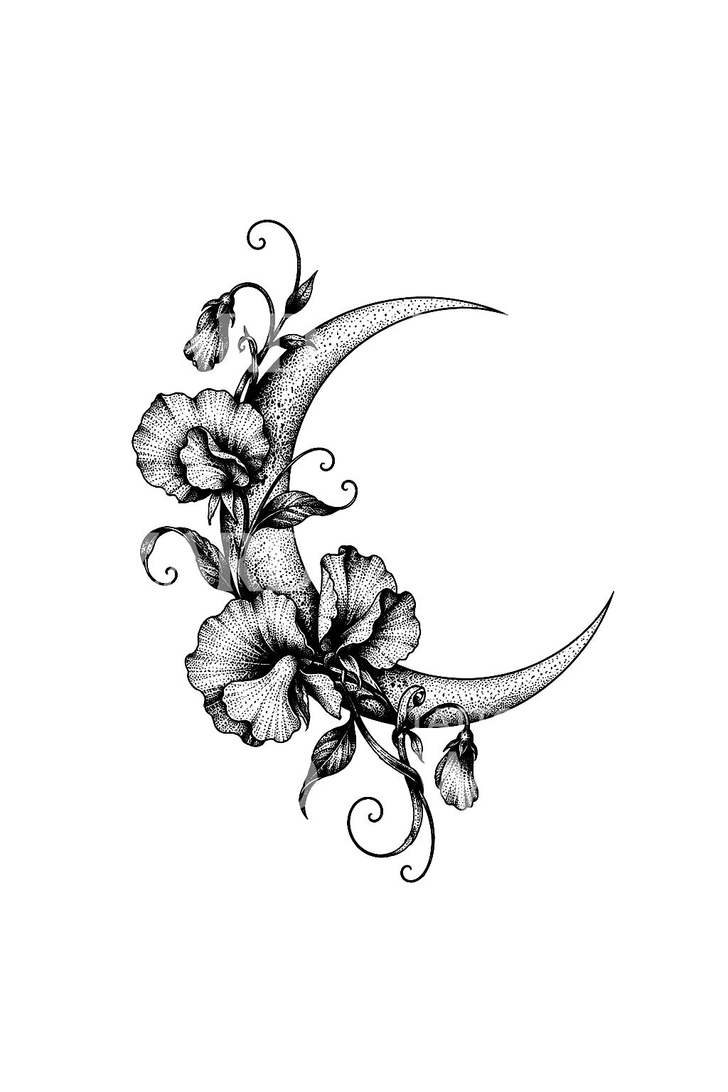 Dotwork-tatuointi tuoksuherneistä kuunsirpillä