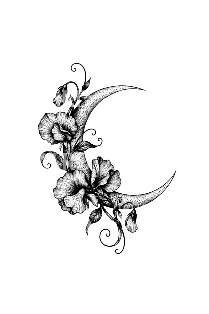 Dotwork-tatuointi tuoksuherneistä kuunsirpillä