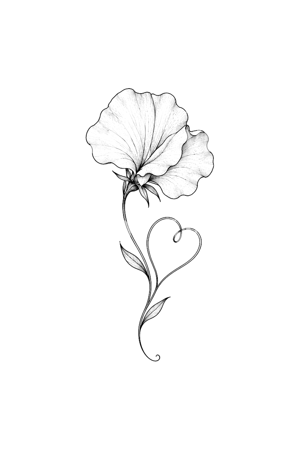 Sweet Pea with Heart Tendril Fine Line Tattoo Design