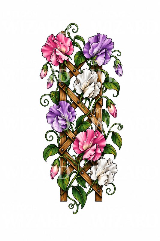 Sweet Peas Climbing a Trellis Tattoo Illustration