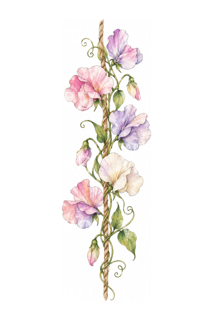 Pois de senteur grimpant sur une ficelle de jardin, tatouage aquarelle