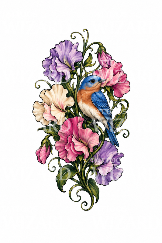 Tatovering med ærteblomster og blåfugl