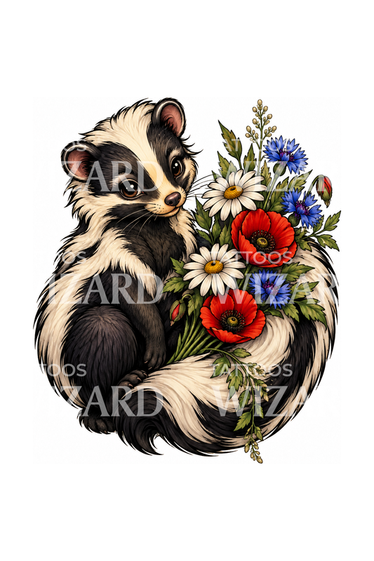 Tatoeage-ontwerp van een lieve stinkdier met veldboeket