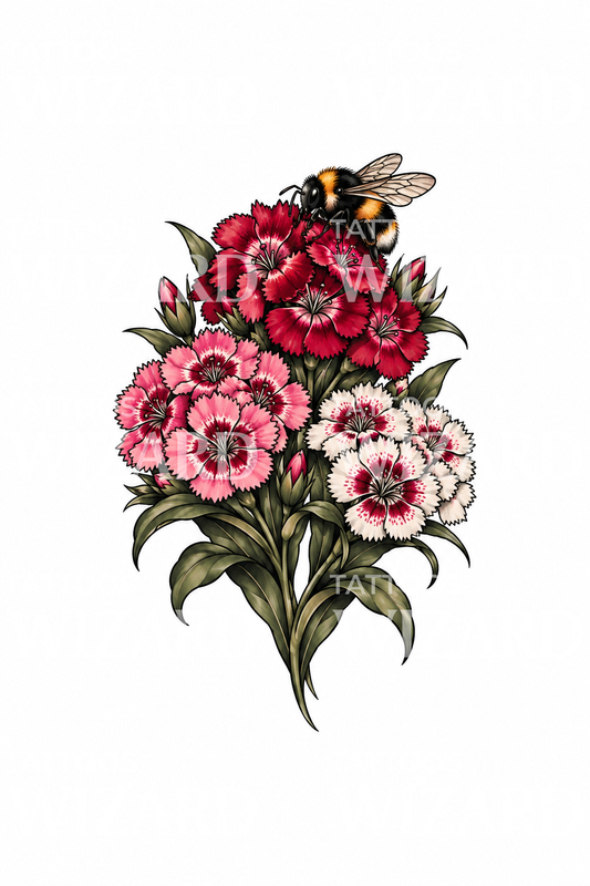 Sweet William Flower Bouquet with Bumblebee Tattoo