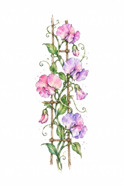 Wicken am Schnurspalier als Aquarell-Tattoo