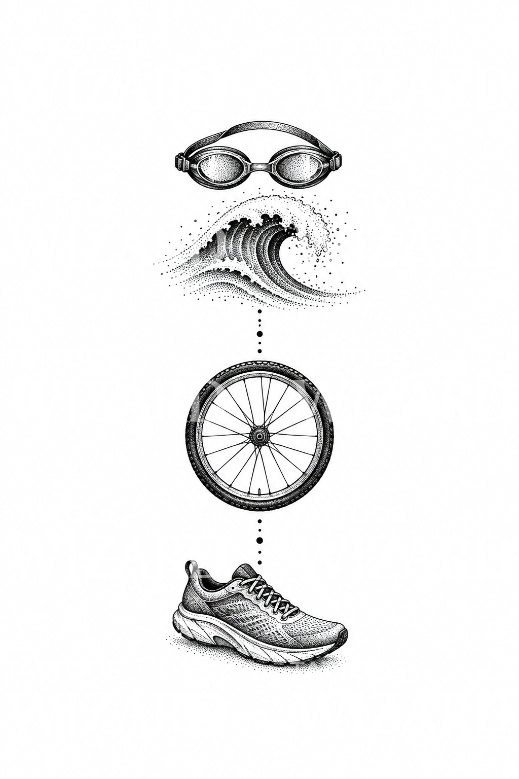 Icônes natation, vélo et course, tatouage pointilliste de triathlon