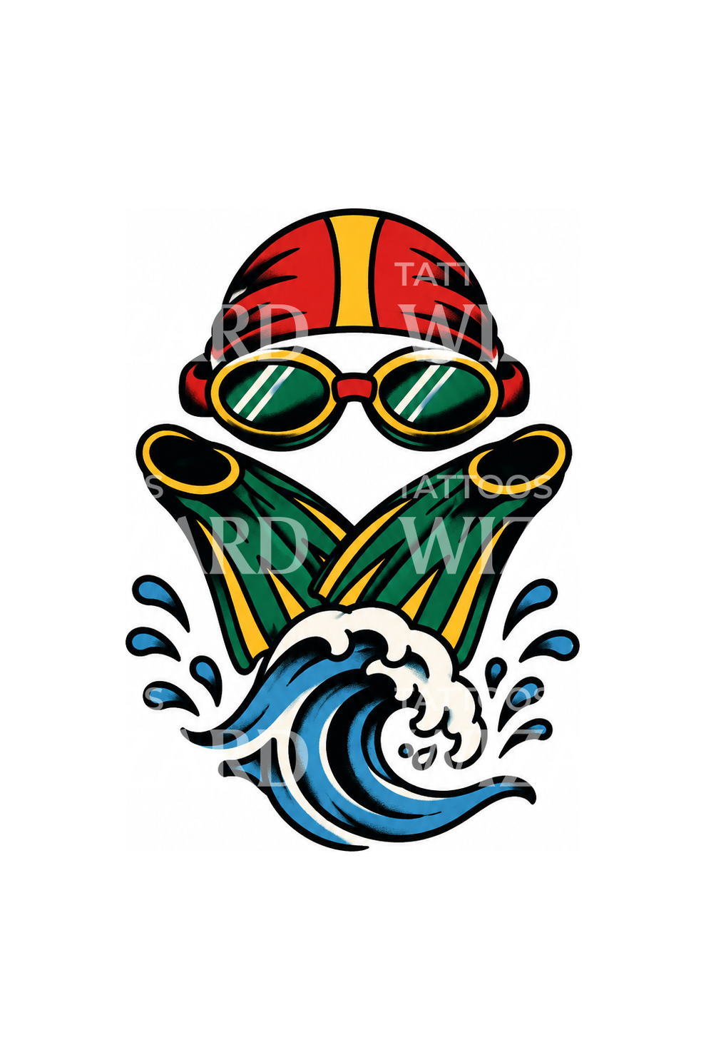 Wave Tattoo Pattern Swim Cap Goggles and Fins Wave Flash Tattoo – Tattoos Wizard Designs