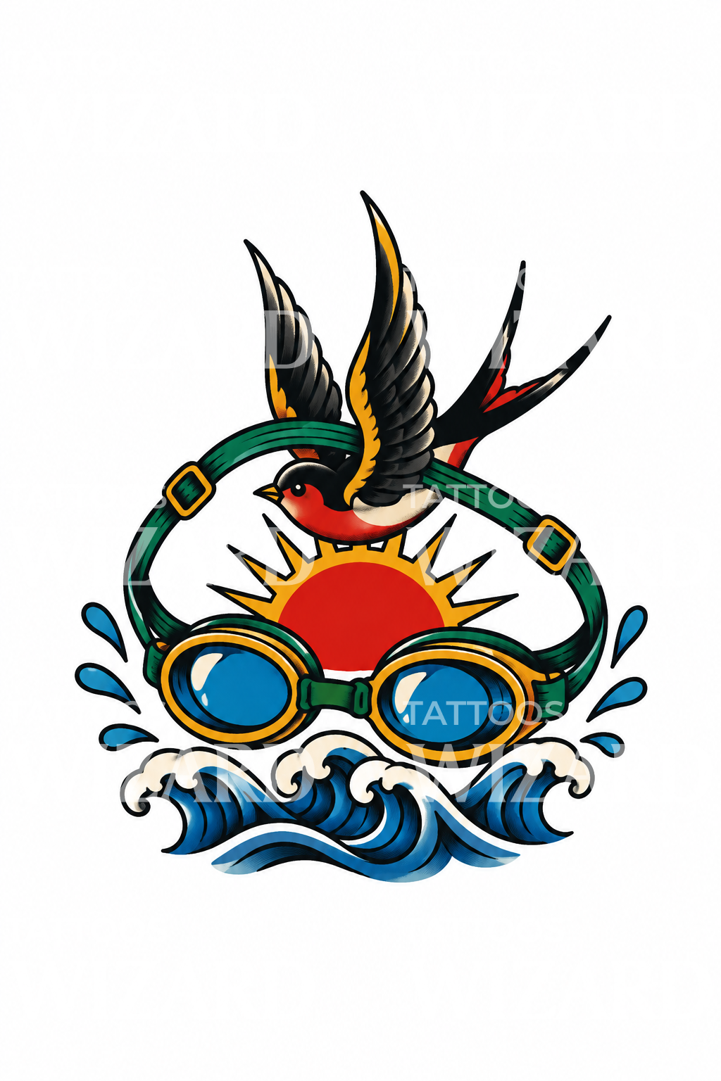 Wave Tattoo Pattern Swim Goggles and Swallow over Waves Tattoo Design – Tattoos Wizard Designs