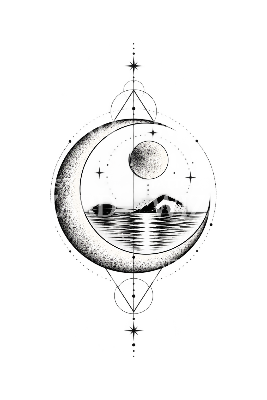 Geometrinen uimarin ja kuunsirpin tatuointi