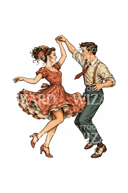 Dönüşün ortasında swing dansı çifti dövmesi