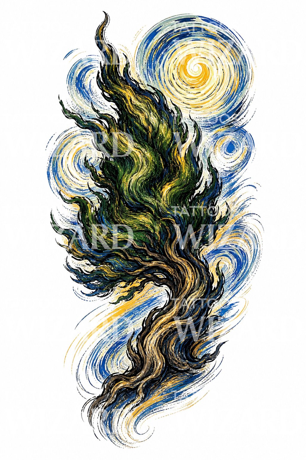 Swirling Cypress Tree Tattoo Design