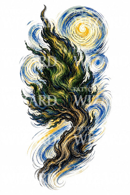 Swirling Cypress Tree Tattoo Design