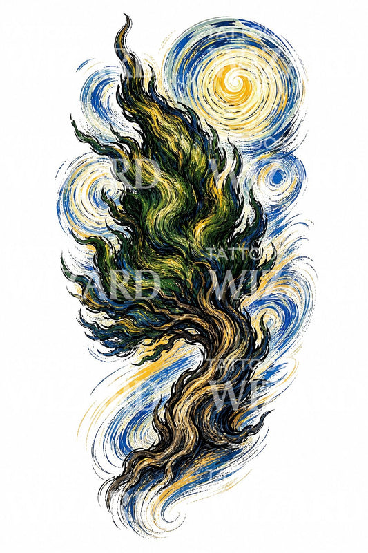 Swirling Cypress Tree Tattoo Design