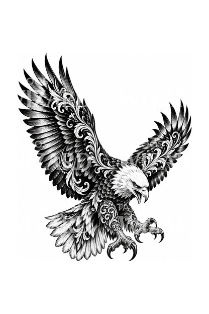Diseño de tatuaje blackwork de águila calva en picado