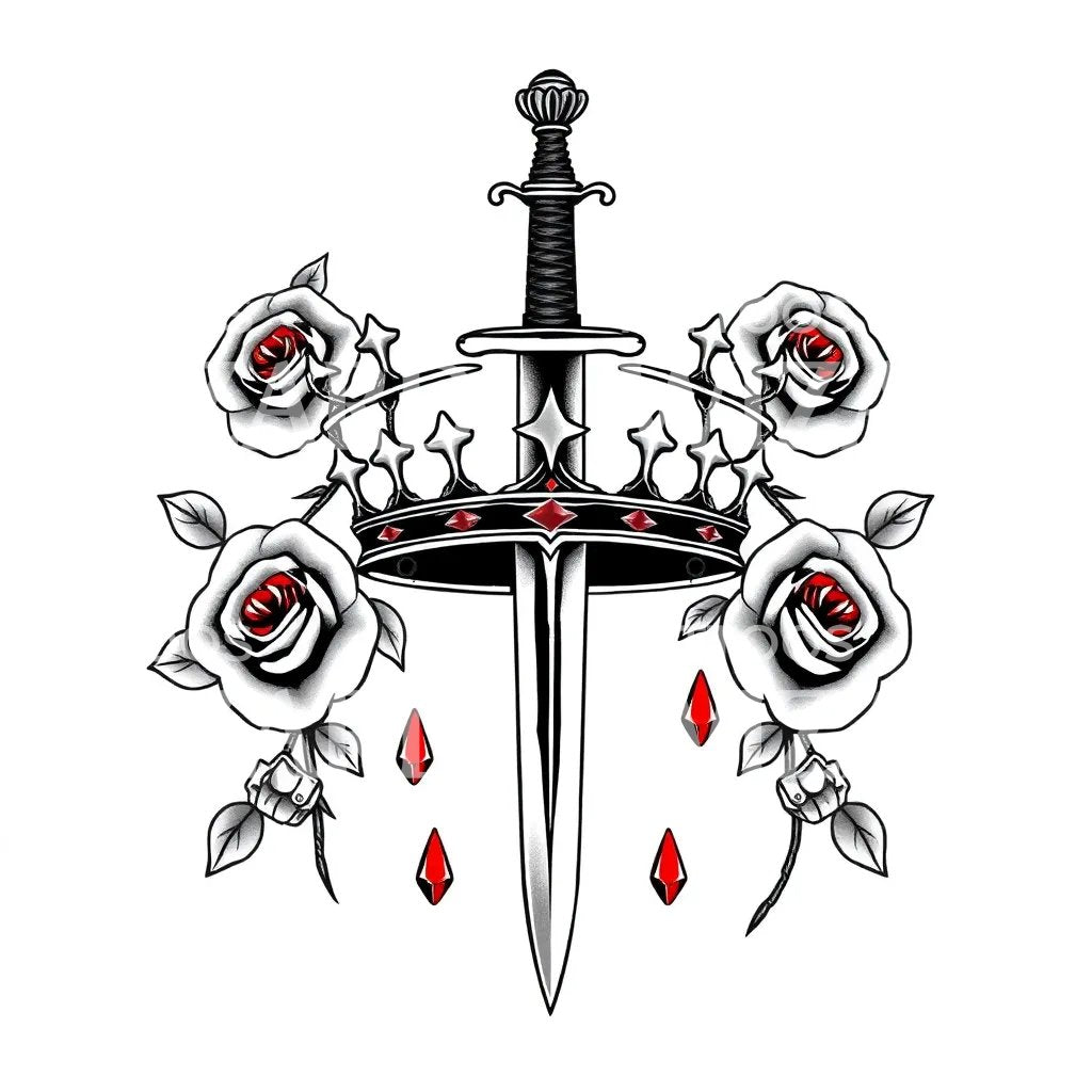 Sword and Crown Rose Tattoo Design