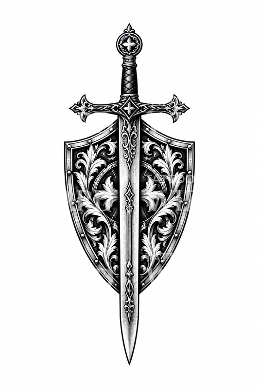 Sword and Ornate Shield of Faith Christian Warrior Tattoo Design