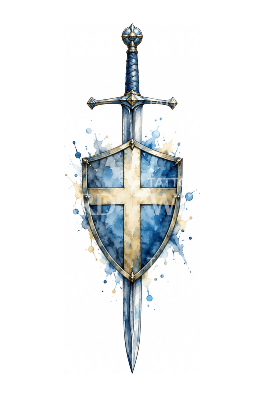 Aquarell-Tattoo mit Schwert und Schild des Glaubens