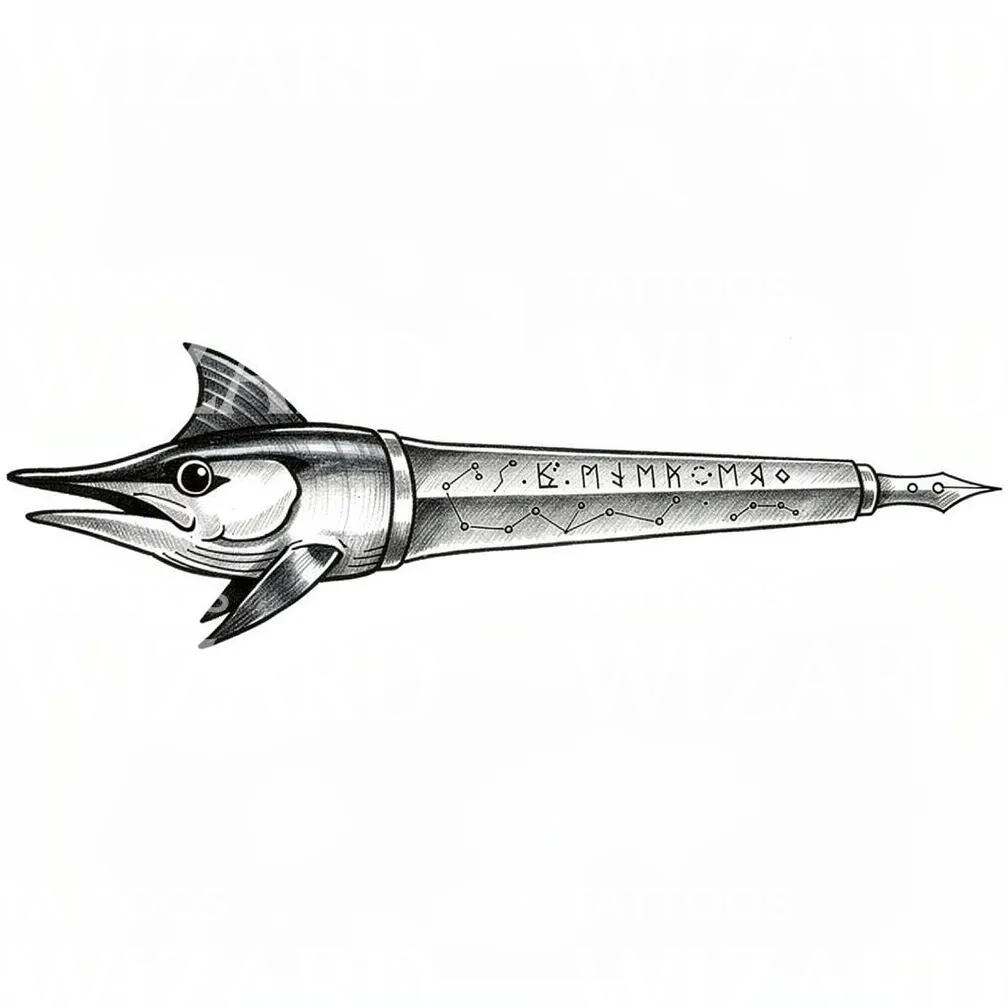 Design tatuaggio pesce spada con penna stilografica