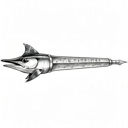 Design tatuaggio pesce spada con penna stilografica