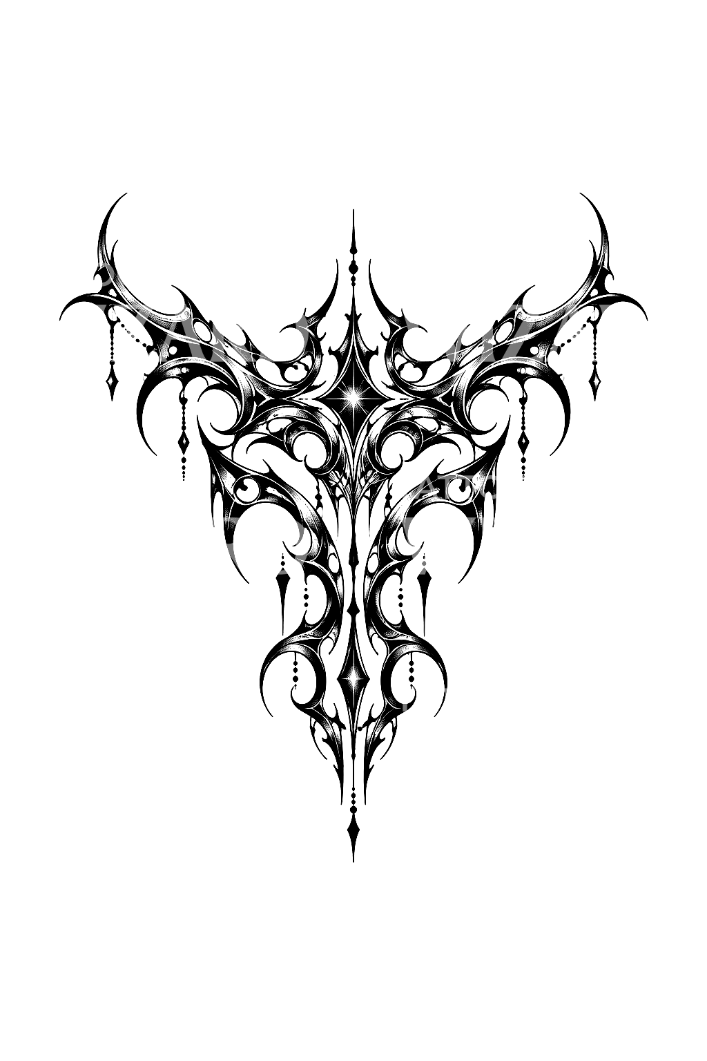 Symetryczny tatuaż cyber sigilism blackwork na mostku