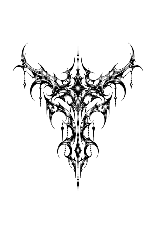 Symetryczny tatuaż cyber sigilism blackwork na mostku